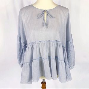Lucky Brand blue & white stripe 3/4 balloon sleeve ruffle tiered top, Small